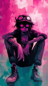 Neon-lit street punk portrait in cyan magenta duotone glow