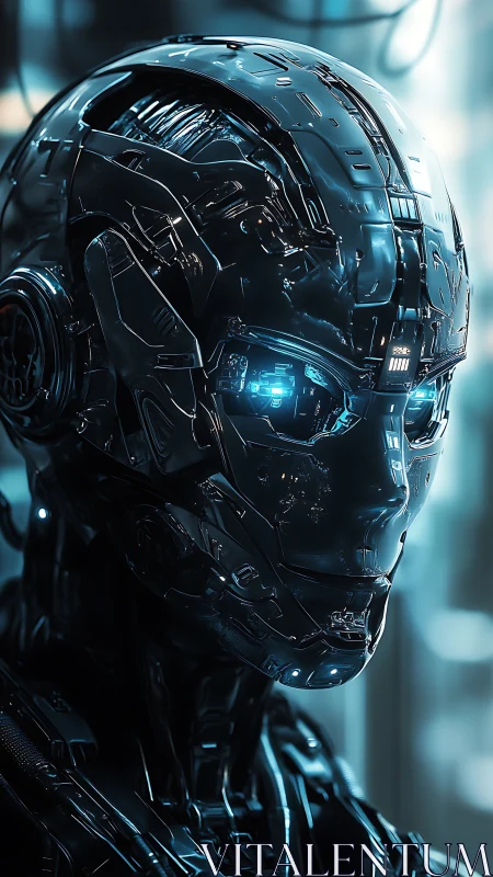 Chrome-plated android gazes ahead in cold neon laboratory light