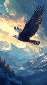 Bald eagle soaring over dramatic snowy mountain peaks.