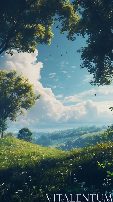 Sunlit green valley framed by trees under bright blue sky.