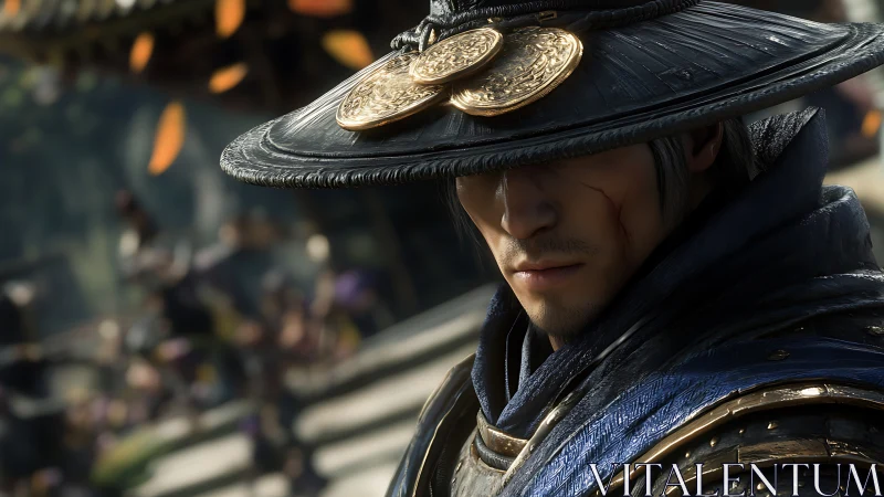 Stoic warrior in ornate hat and blue armor close-up portrait.