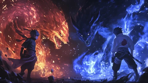 Opposed warriors with red and blue elemental wolf forms.