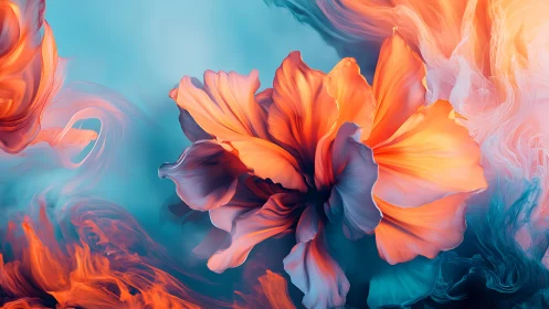 Floral plumes in teal mist with luminescent orange petals.