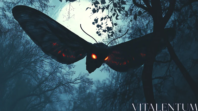 Moonlit forest surrenders to a colossal ember-eyed moth