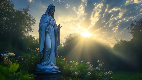 Marble Marian statue illuminated by dramatic sunrise backlight