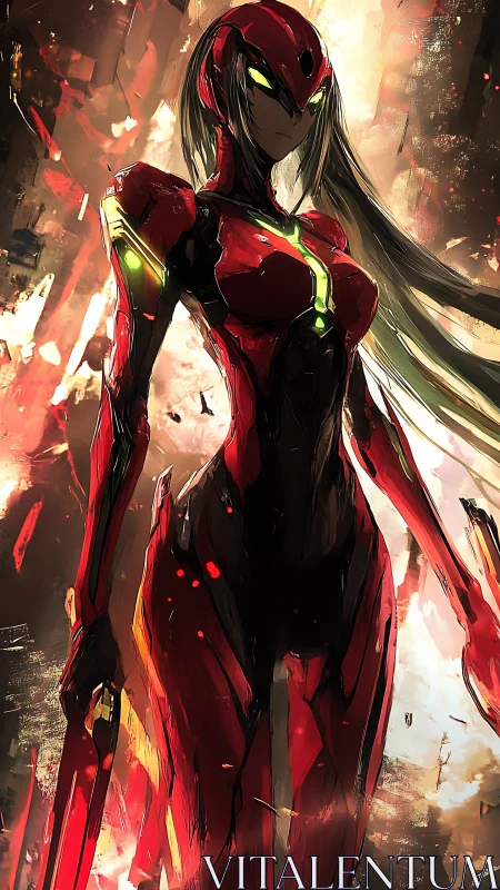 Crimson mech heroine walking through blazing neon dust.