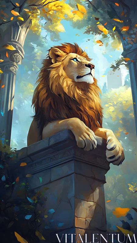 Regal lion statue overlooking sunlit forest ruins.
