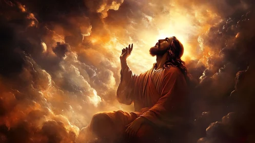 Robed figure in clouds with raised hand toward bright light.