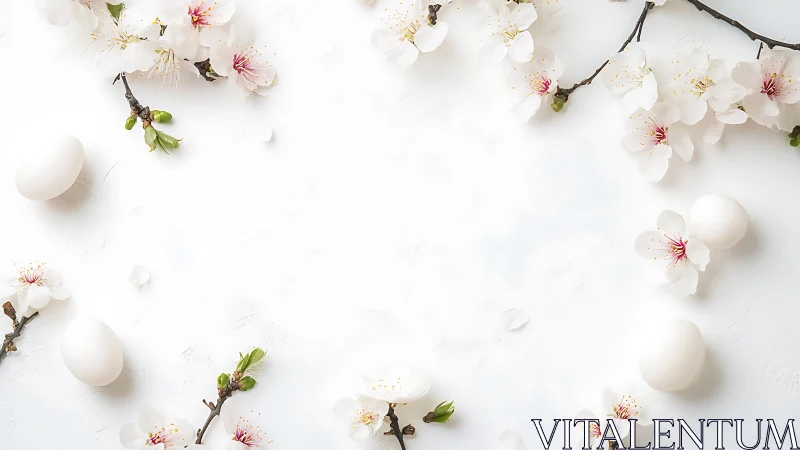 High-key flat lay of white eggs and cherry blossoms on textured surface