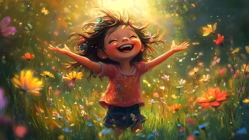 Young child in flower meadow under strong backlighting.