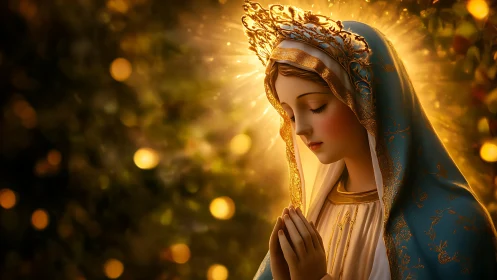 Serene Marian figure in prayer with golden halo light.