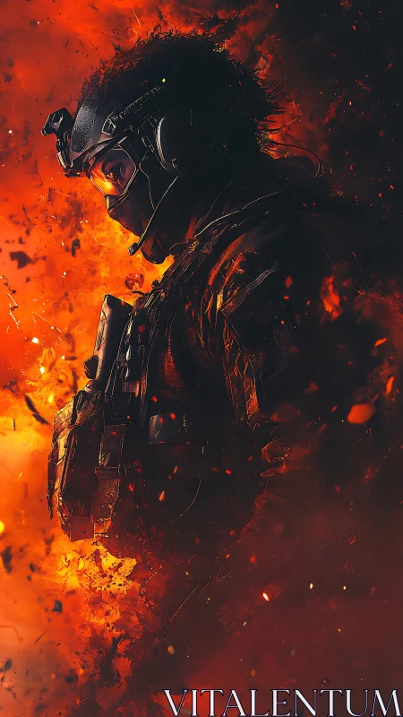 Tactical operator silhouette engulfed in cinematic firestorm.