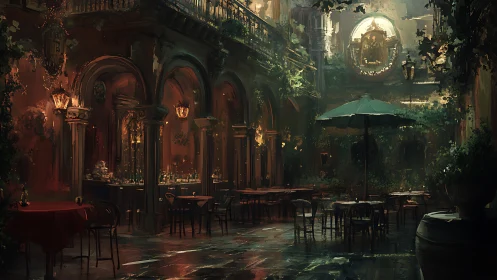 Rain slick courtyard caf&eacute; under warm lantern glow and overgrown arches