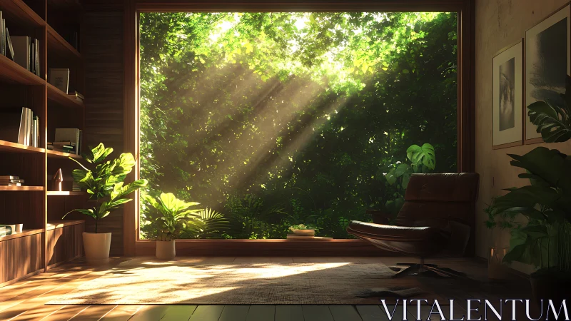 Digital painting of biophilic reading nook with forest glazing.