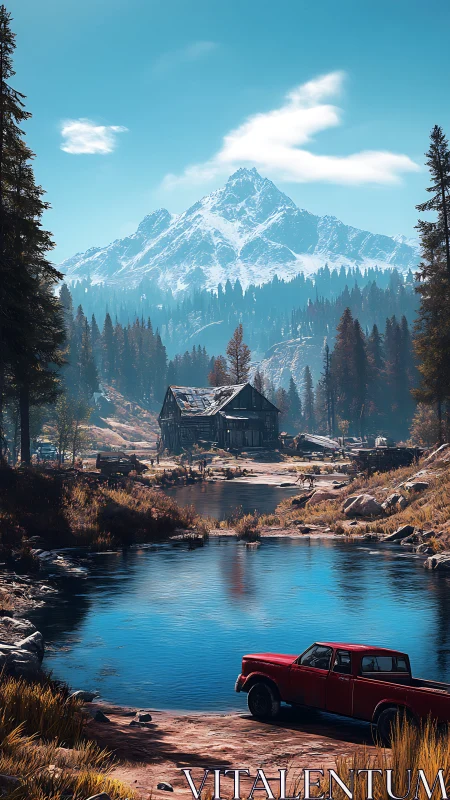 Mountain lake cabin with red truck in crisp autumn light.