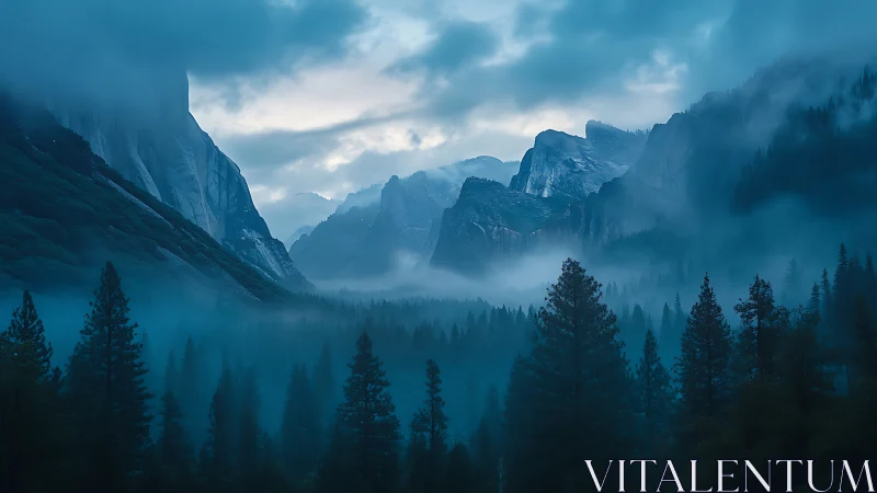 Nocturnal alpine valley with fog-diffused blue atmospheric depth