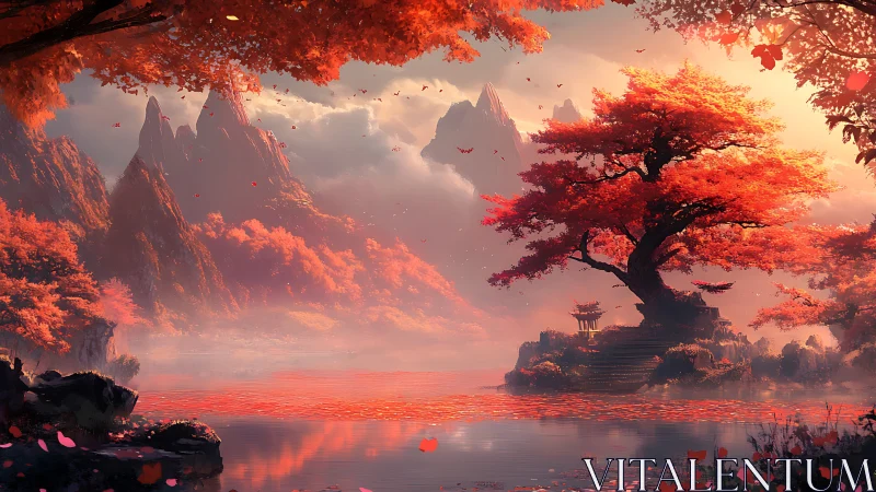 Red maple tree on misty lake island in fantasy valley.