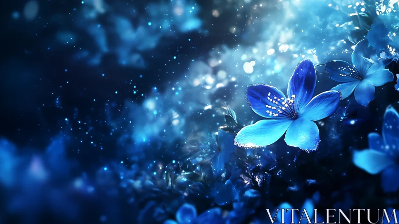 Blue flowers with luminescent particles against dark atmospheric background.