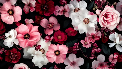 Vibrant Floral Composition in Pink, Red, and White Against Black.