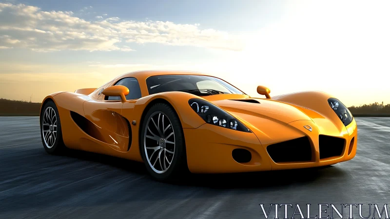 Sunlit orange supercar racing across open asphalt at dusk.