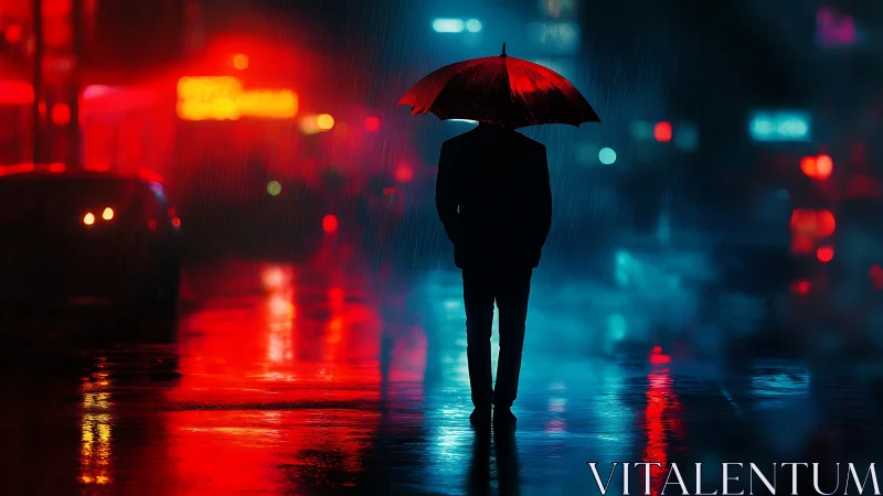 Solitary figure under red umbrella on wet neon street.