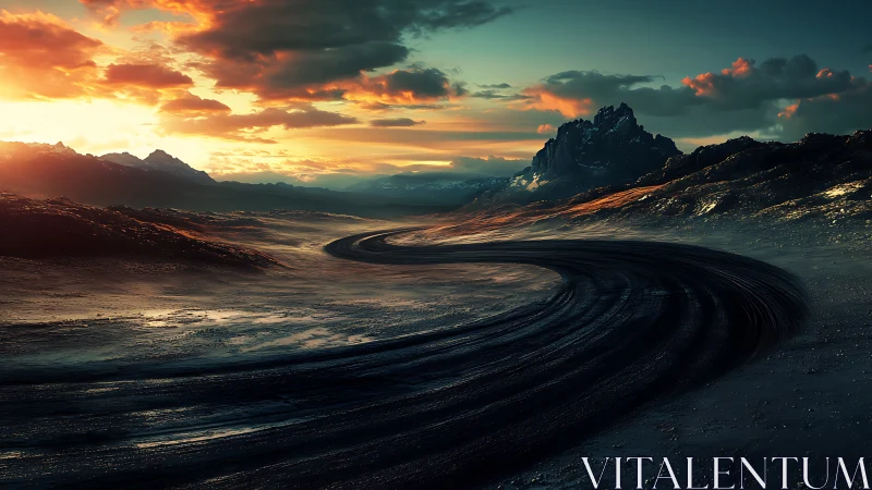 Curving desert road under a glowing, dreamlit mountain sky.