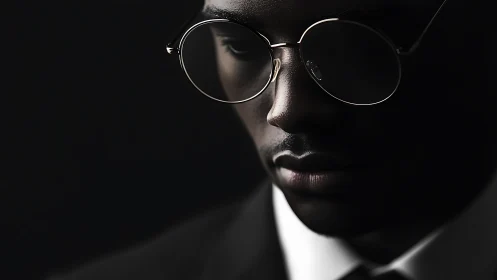 Quiet reflections in round glasses and tailored shadows.