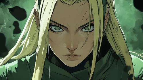 Emerald gaze of the battle-scarred warrior in stormlit focus.