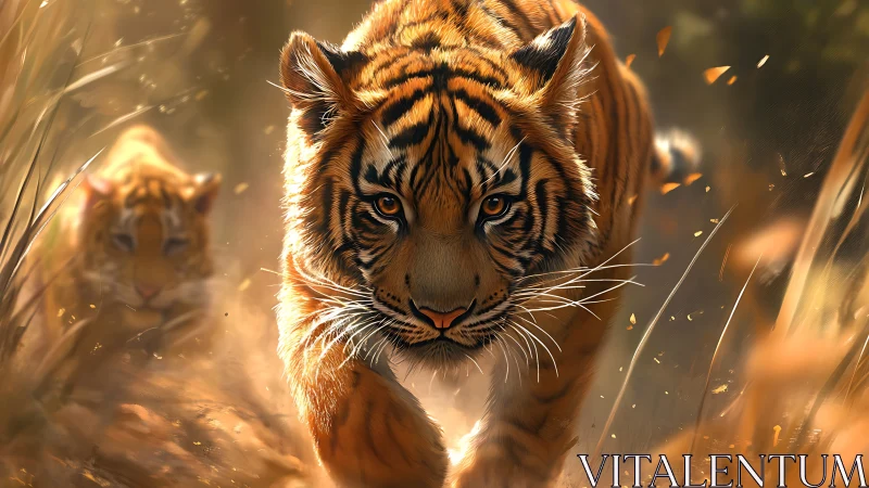 Predatory tiger cub advances through sunlit grassland haze