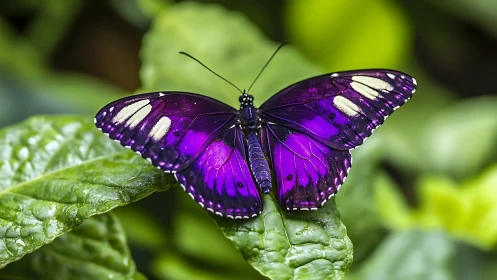 Purple butterfly on green foliage in close macro frame.