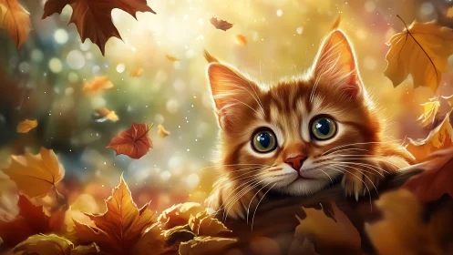 Luminous Kitten Portrait amid Autumnal Bokeh and Falling Leaves