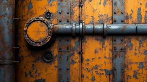 Rusty industrial pipe assembly crosses worn orange panel