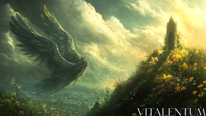 Colossal winged guardian over floral stairway to gothic spire