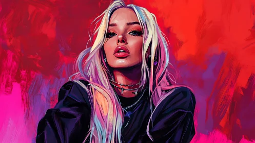 Stylized digital portrait of woman against red gradient backdrop