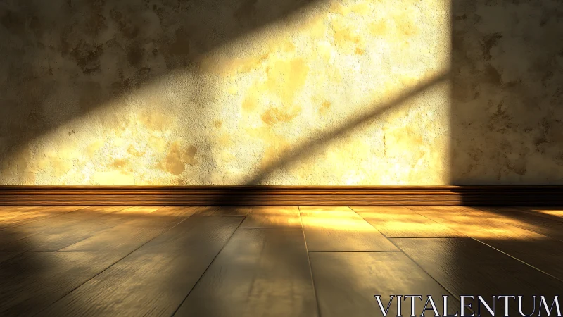Sunlit interior wall and wooden floor exhibit angled shadows