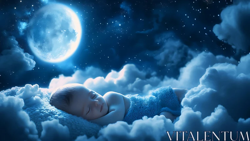 Newborn infant asleep on clouds under bright full moon.