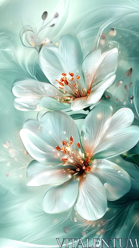 Digital Rendering of White Flowers with Golden Stamens Against Turquoise