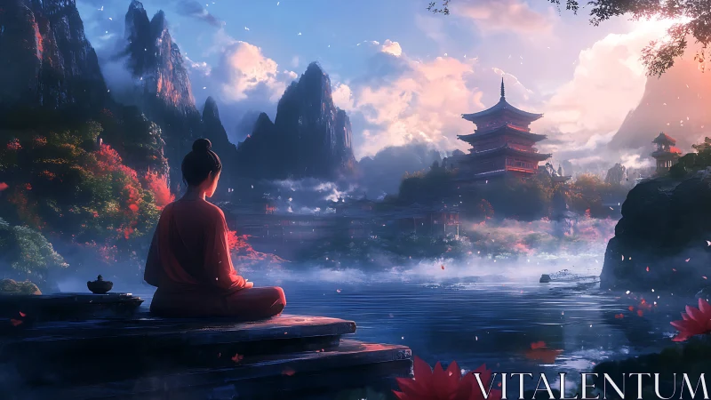 Meditative figure by misty lake and distant pagoda at dawn.