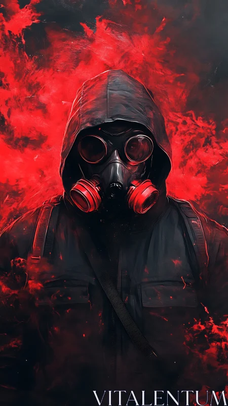 Hooded figure in gas mask stands amid swirling red smoke