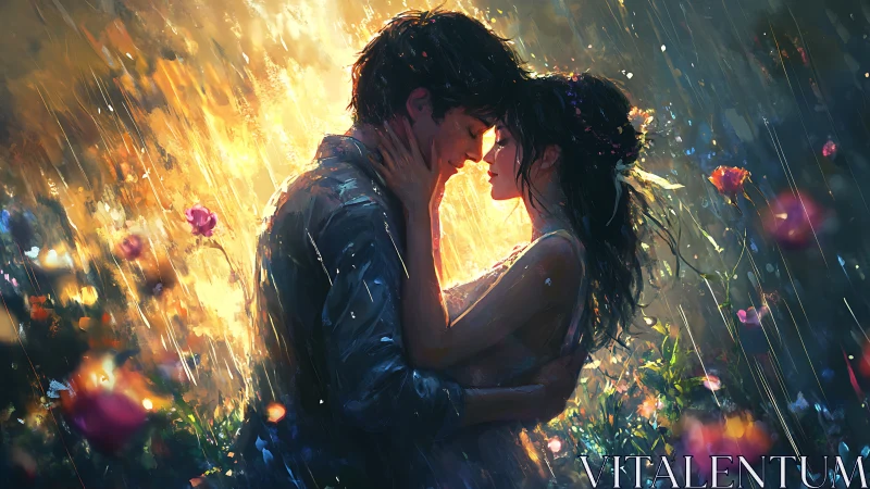 Luminescent Embrace: Digital Painting of Romantic Union in Rain.