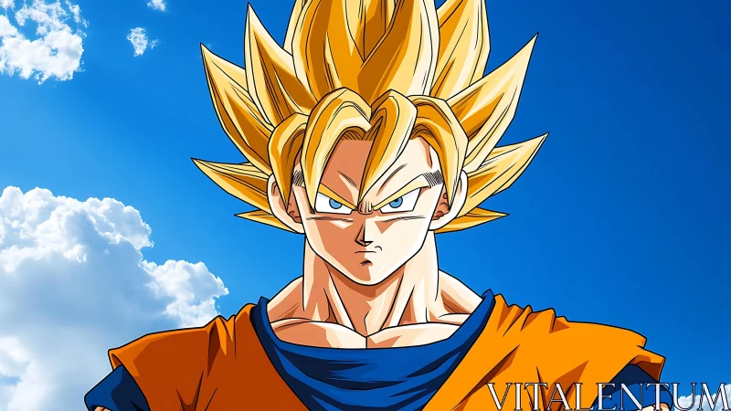 Super Saiyan warrior portrait under vivid blue sky