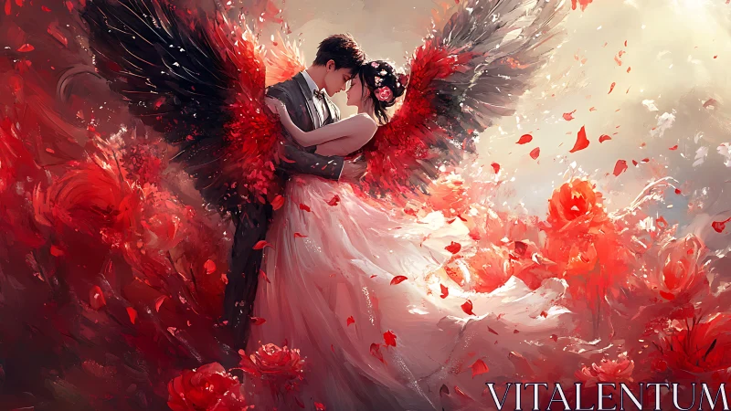 Couple in Formal Attire Surrounded by Red Florals and Particles.