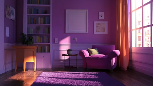 Cozy purple living room with armchair and sunlit window.