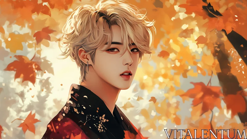 Blond youth in kimono stands amid glowing autumn leaves