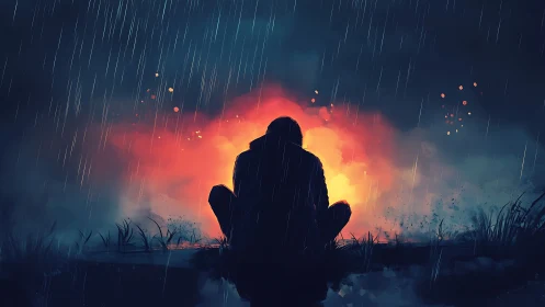 Solitary hooded figure facing distant fire in heavy rain.