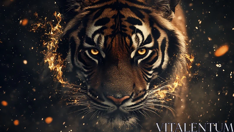 High-contrast tiger portrait with particle embers and cinematic lighting