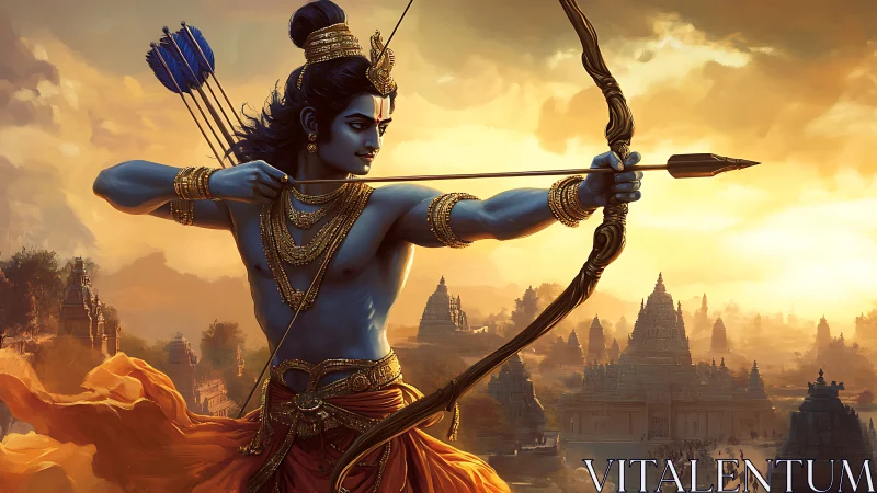 Divine archer stands poised above ancient temple city at dusk