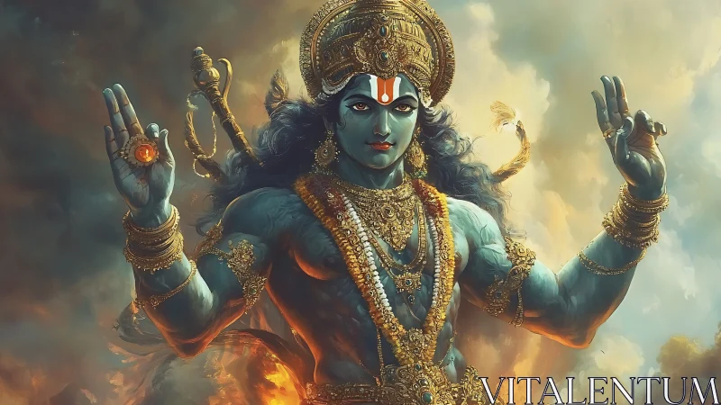 Divine blue deity in ornate regalia, digital painting portrait.