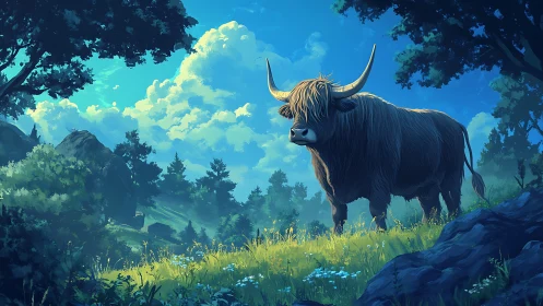 Majestic highland bull stands in a sunlit forest meadow.