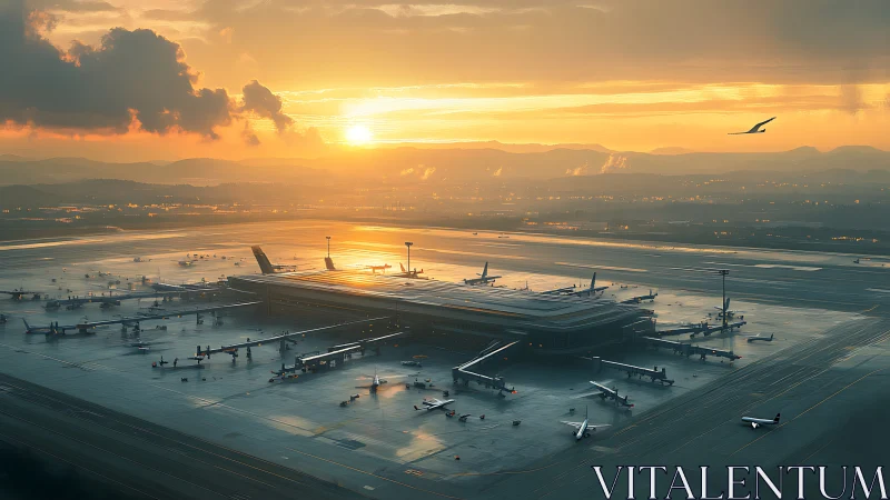 Sunlit airport terminal glows beneath a dramatic golden sunrise.